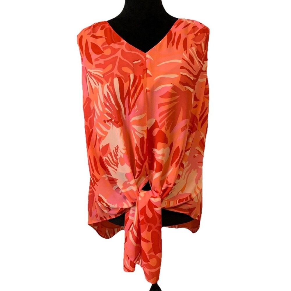 Chicos Size 2 Top Womens Large Tunic Orange Tropical Palm Print Tie Front